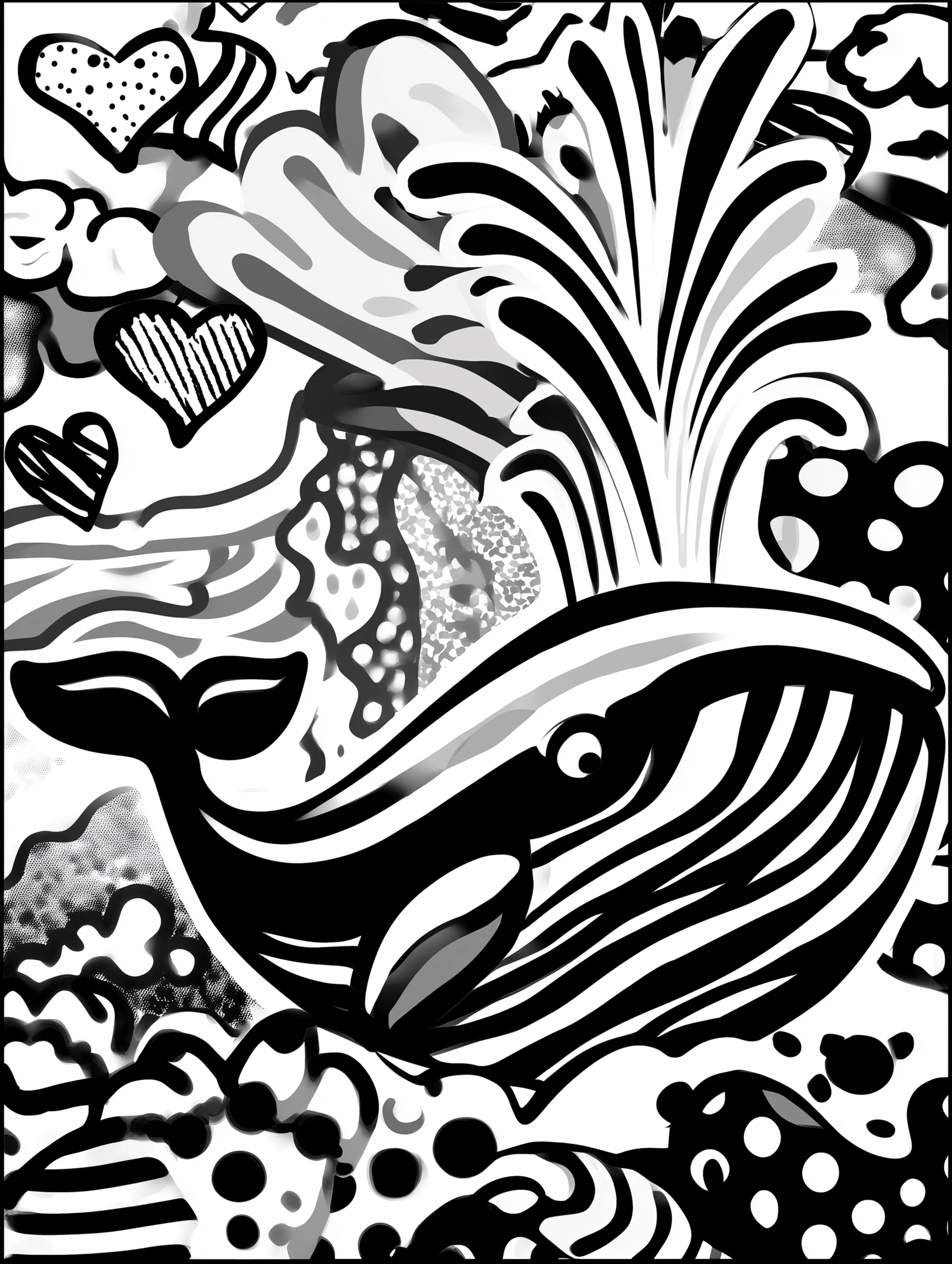 Free printable underwater coloring page for adults featuring a whale blowing water